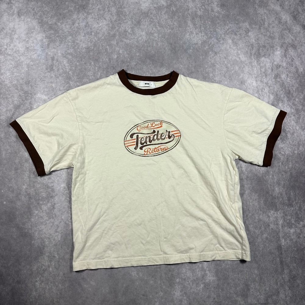 WEGO Cream Brown Ringer T-Shirt Good Luck Tender Returns Graphic Tee L Cropped